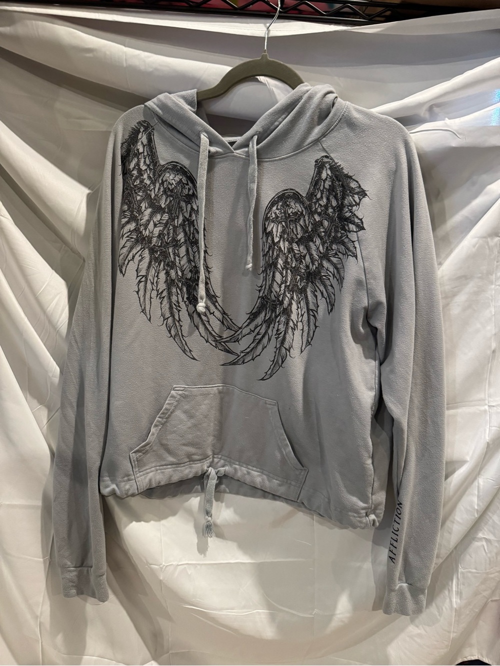 Affliction Light Gray Hoodie with Black Wing Graphic
